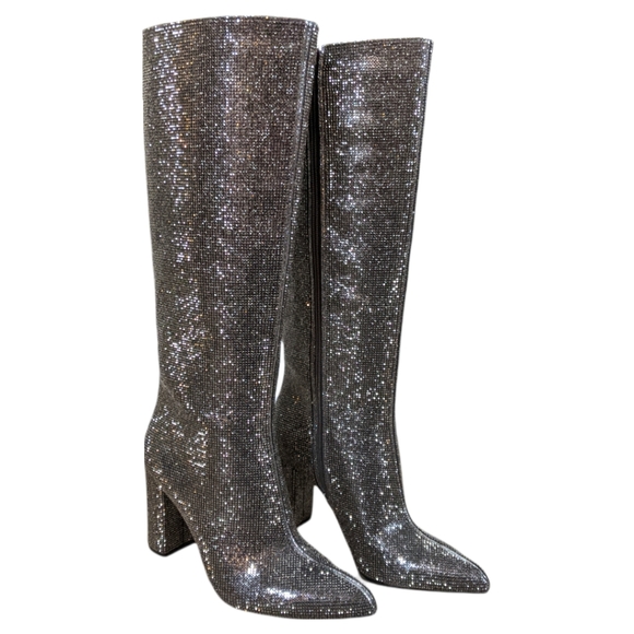 INC Paiton Block Heel Rhinestone Sparkle Knee High Pewter Crystal Boots - Picture 3 of 11